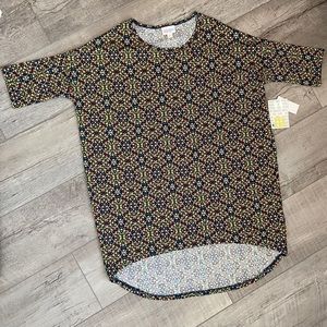 Lularoe XXS Irma Tunic Dark Teal Background‎ Geometric Pattern Top NWT